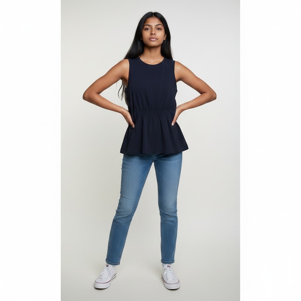 Athleta Navy Blue Sleeveless Ruched Waist Tank Top Womens Size Small